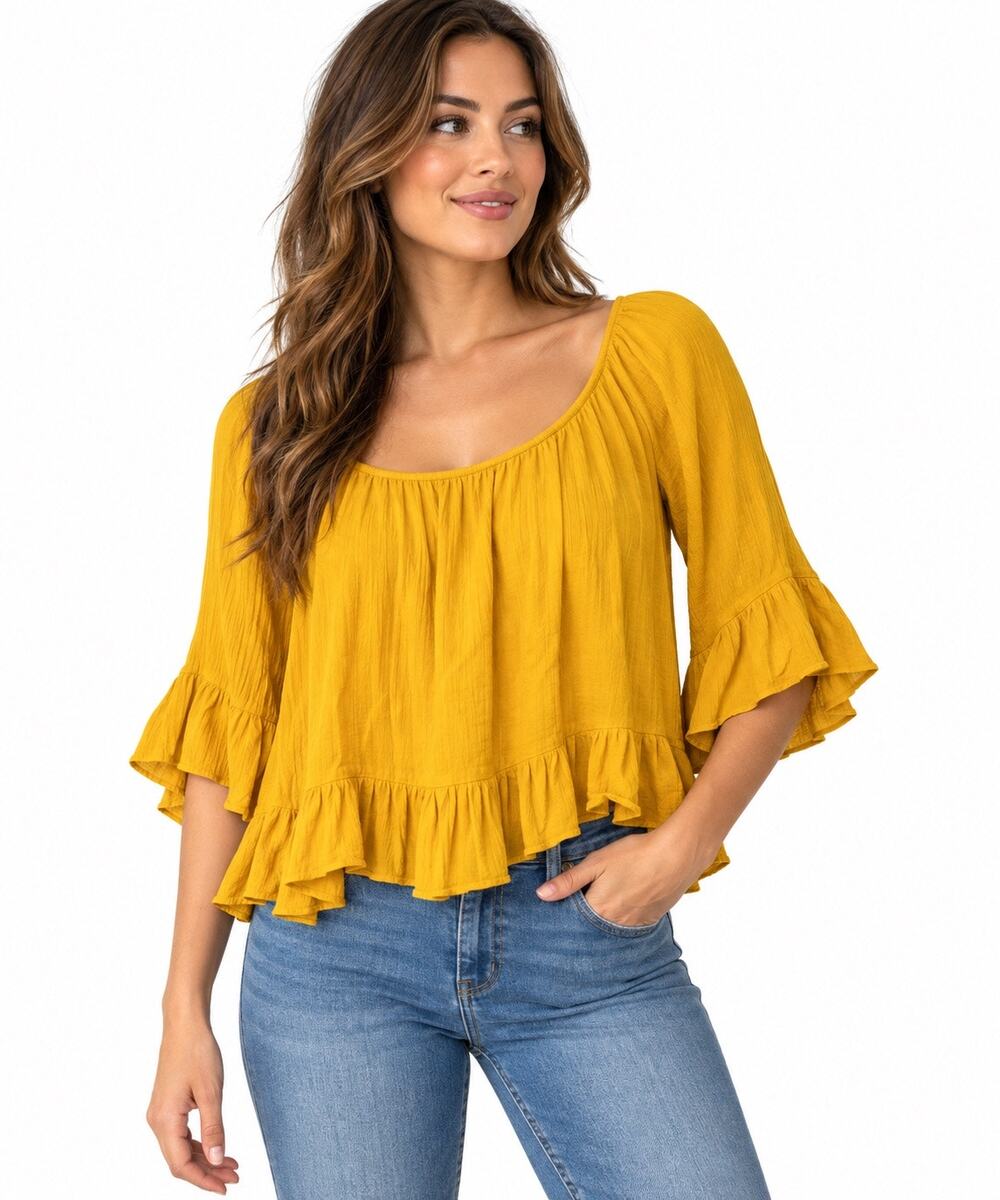 Ambiance Mustard Yellow Ruffle Bell Sleeve Blouse Size Large